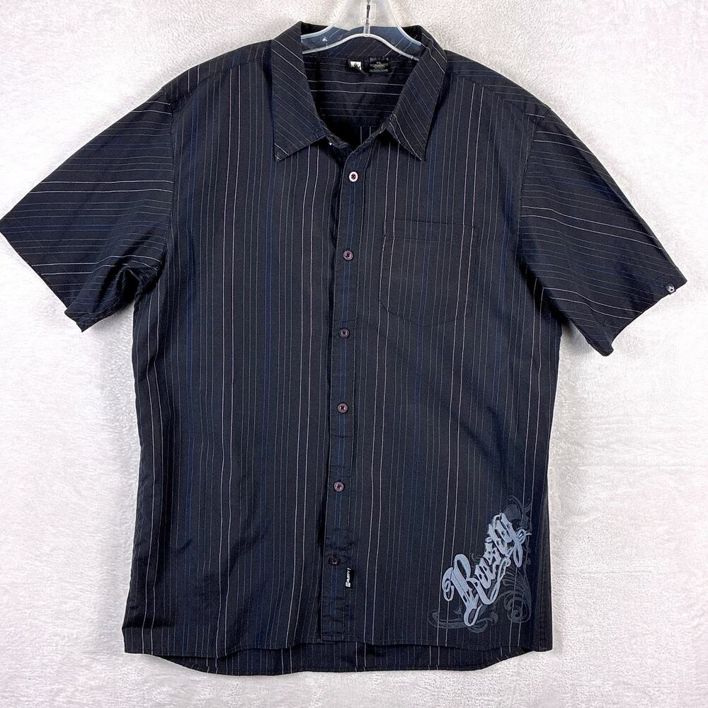 VTG Y2K Rusty Camp Shirt Mens XXL Black Stripe Streetwear Surf Skate Going Out